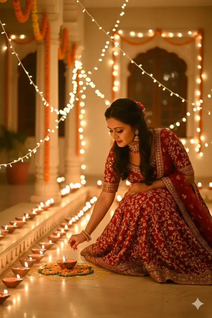Gemini Diwali Prompt: An elegant woman in a red lehenga lights a row of diyas on a decorated porch.