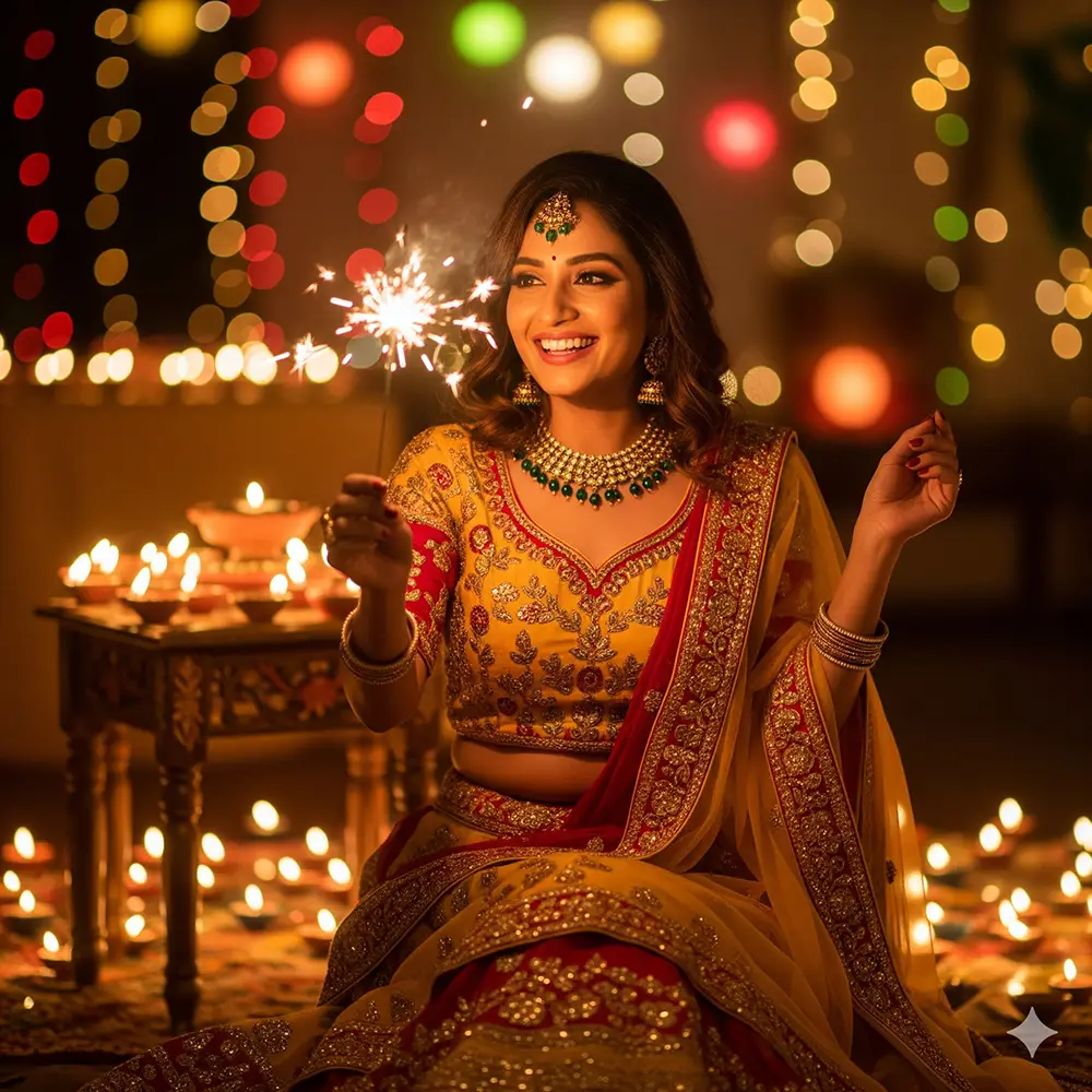 Gemini Diwali Prompt: A joyful woman in a yellow and red lehenga holds a lit sparkler amidst bokeh lights.