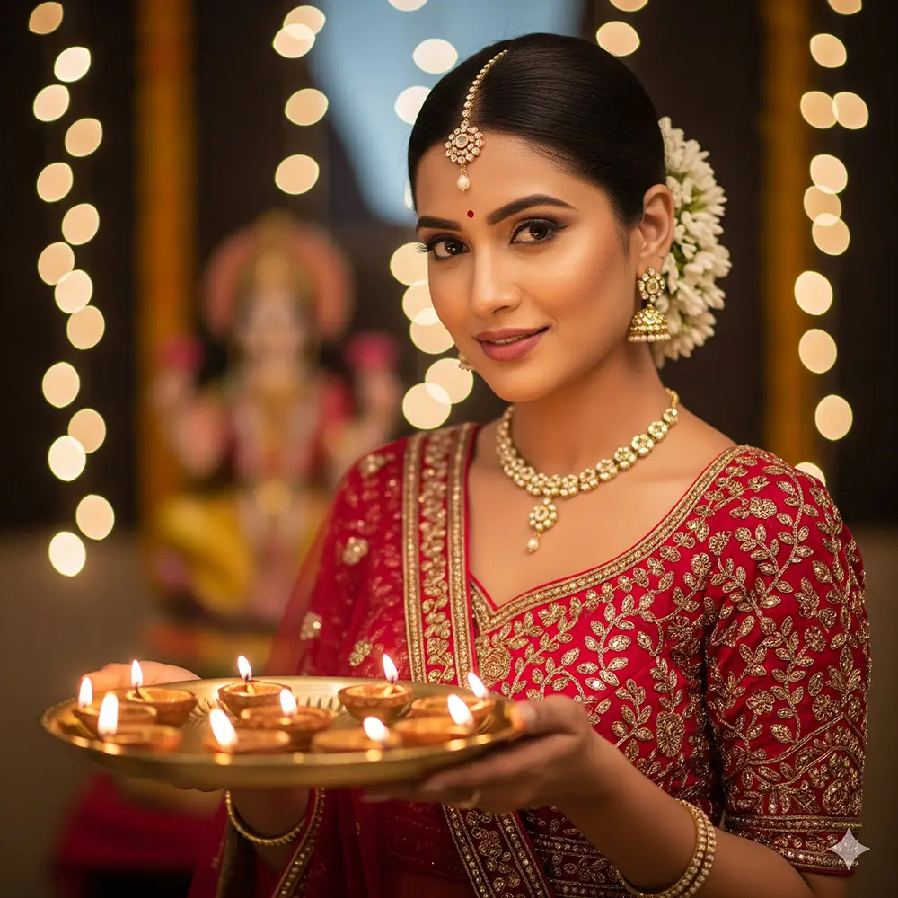 Gemini Diwali Prompt: A graceful woman in a festive saree holds a thali of lit diyas before a deity idol.