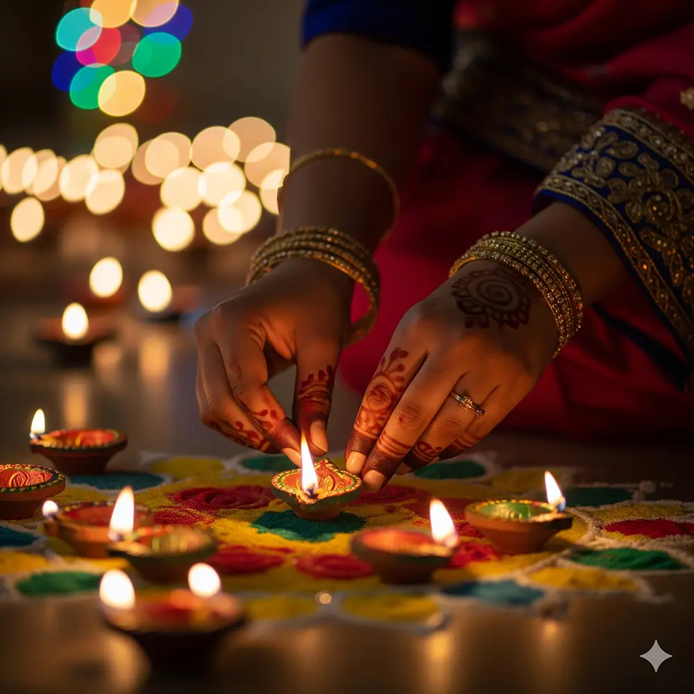 Gemini Diwali Prompt: A close-up of a woman's hands with henna arranging lit diyas on a colorful rangoli.