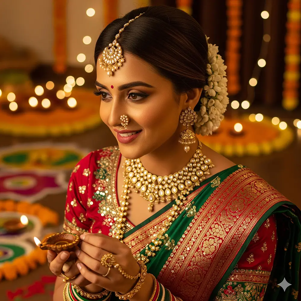 Gemini Diwali Prompt: A stunning portrait of a woman in traditional jewelry holding a diya with a peaceful smile.
