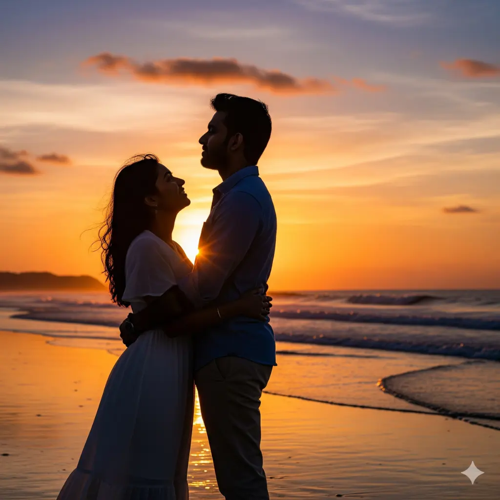 Gemini Romantic Couple Photo Prompt - Couple embracing on beach at sunset romantic photo