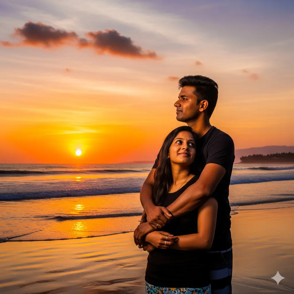 Gemini Romantic Couple Photo Prompt - Couple embracing on beach at sunset romantic photo
