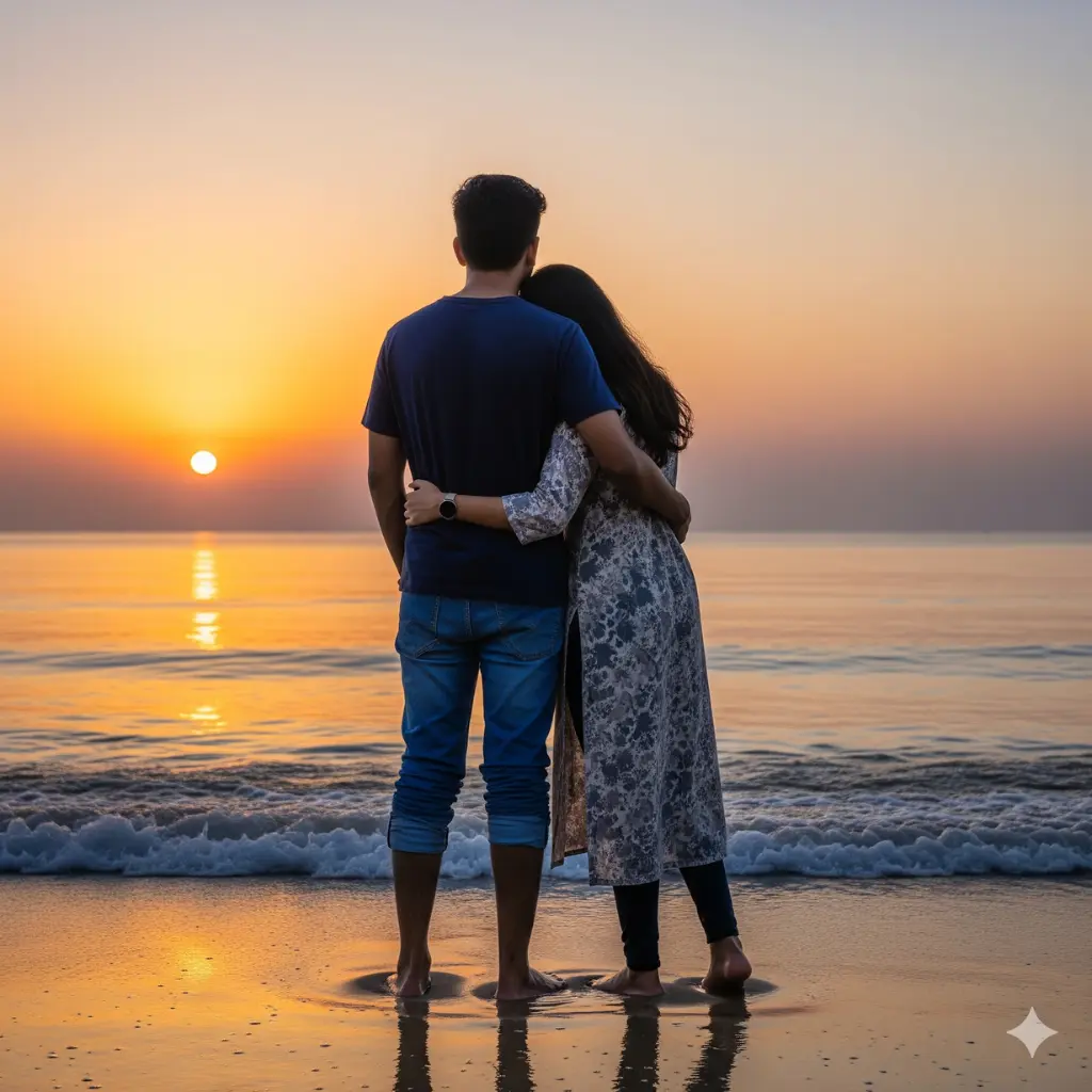 Gemini Romantic Couple Photo Prompt - Couple embracing on beach at sunset romantic photo