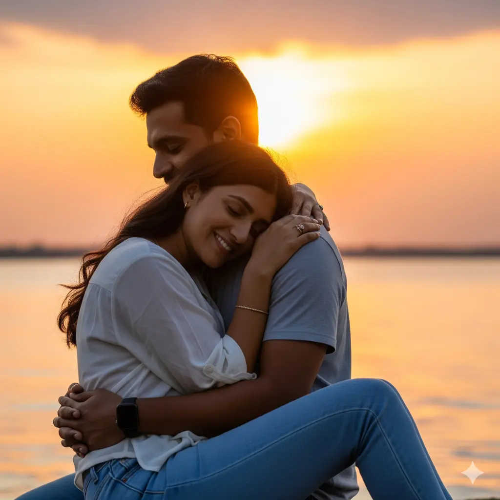 Gemini Romantic Couple Photo Prompt - Couple embracing on beach at sunset romantic photo
